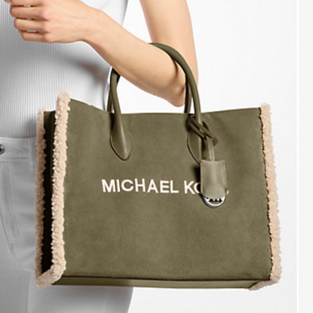 MICHAEL KORS Mirella Medium Suede and Faux Shearling Tote Bag
Olive 
NWT - Picture 2 of 16
